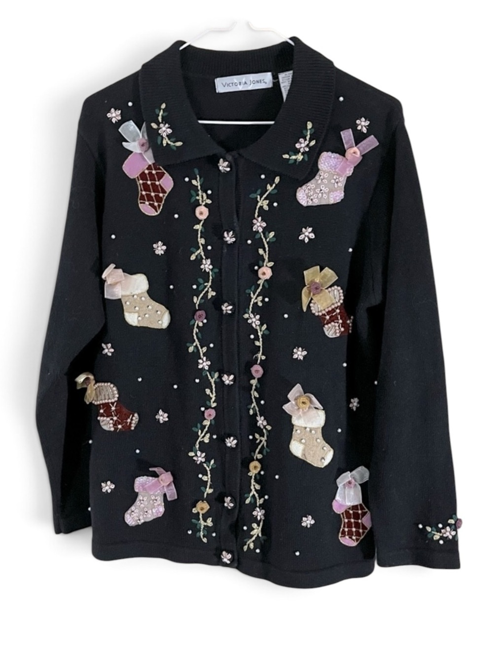 🎄 Gorgeous Vintage Christmas Sweater Embroidered Sequins Ribbons Pearls